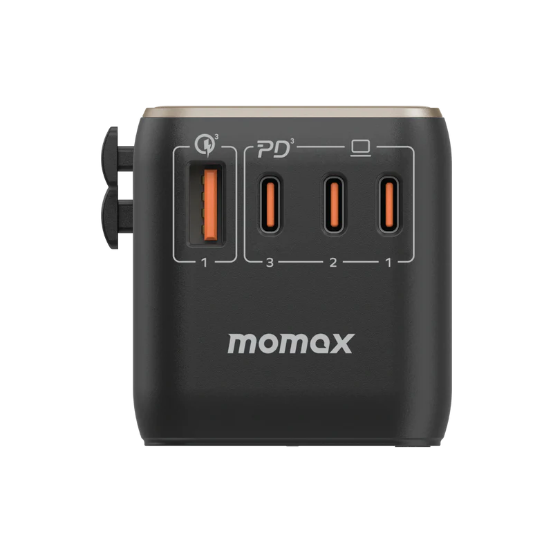 شاحن سفر من Momax 1-World GaN بقدرة 120 واط مع 4 منافذ + محول كهرباء | أسود شاحن سفر من Momax 1-World GaN بقدرة 120 واط مع 4 منافذ + محول كهرباء | أسود